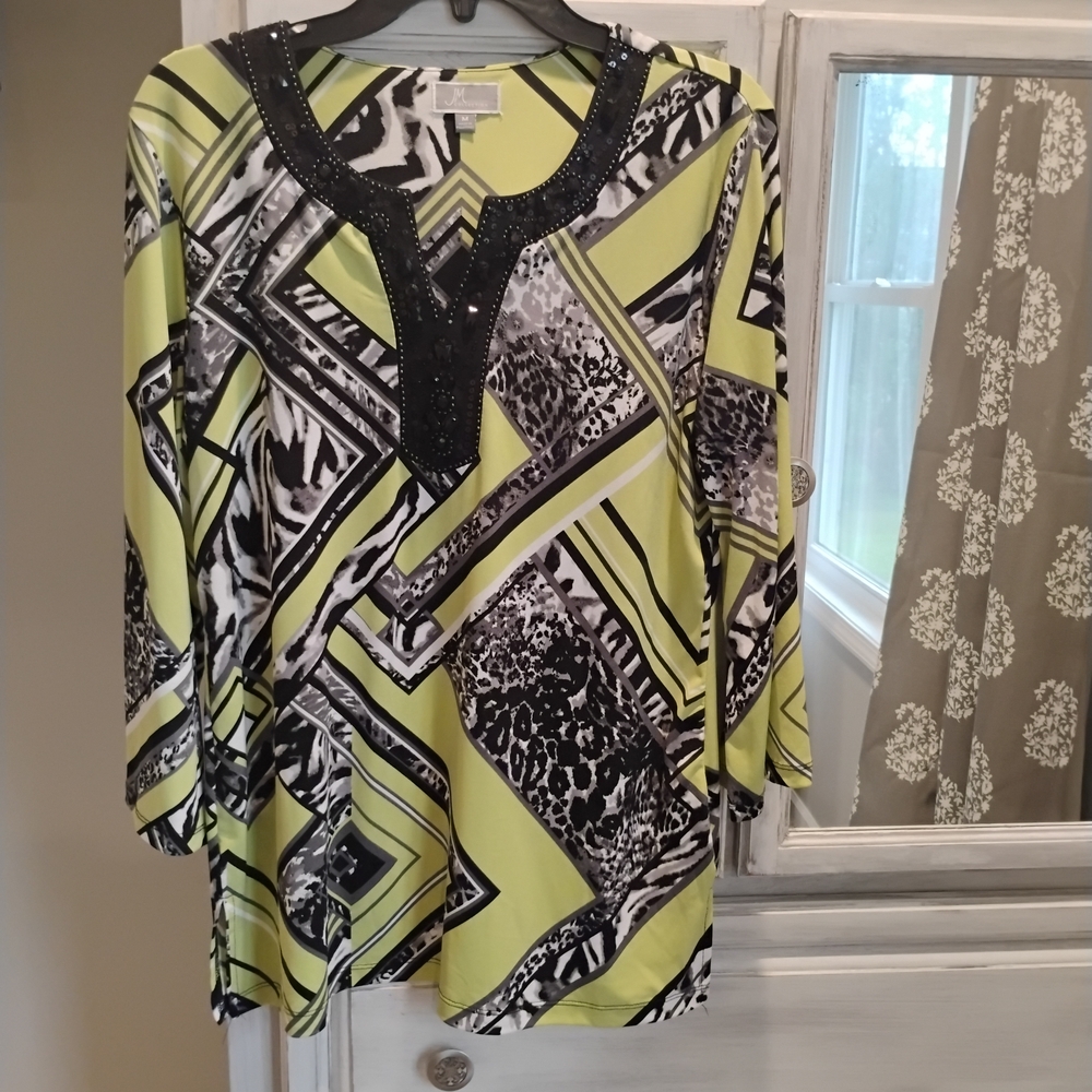 JM Collection Lime and Black Geometric Blouse